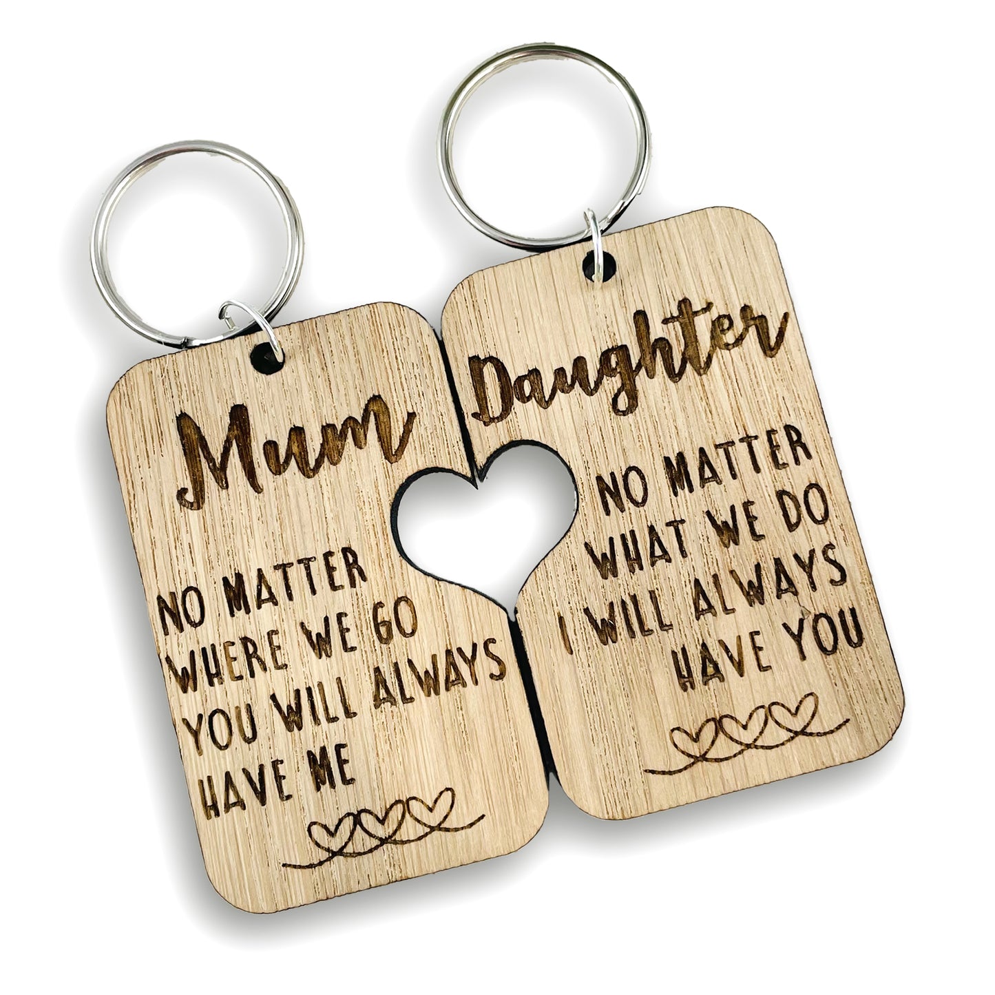 Mum & Daughter Keyring Wooden Oak Veneer - Heart Cut Out - Mothers Day Gift