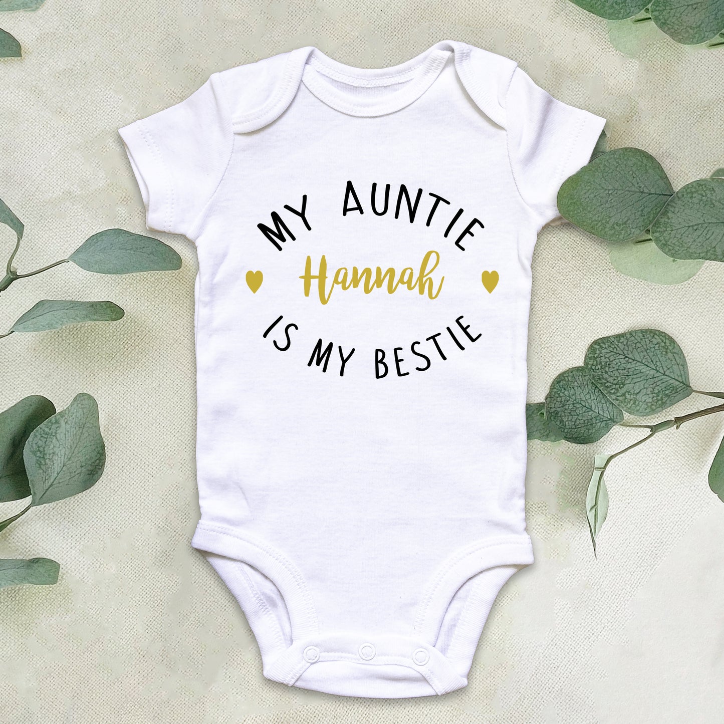 Personalised My Auntie is My Bestie Baby Grow Vest - Gold Text - New Baby - Baby Announcement