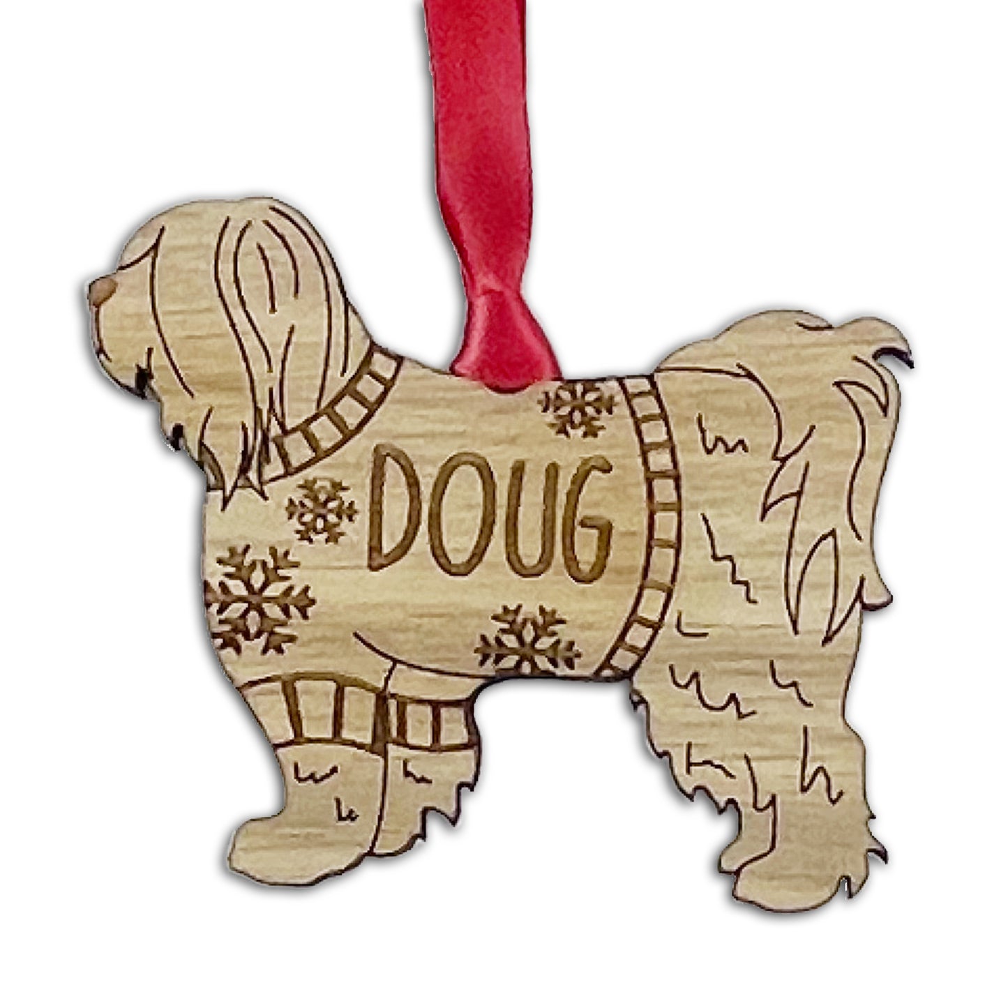 Personalised Tibetan Terrier Bauble Jumper Dog Bauble - Oak Veneer Wood - Add any name