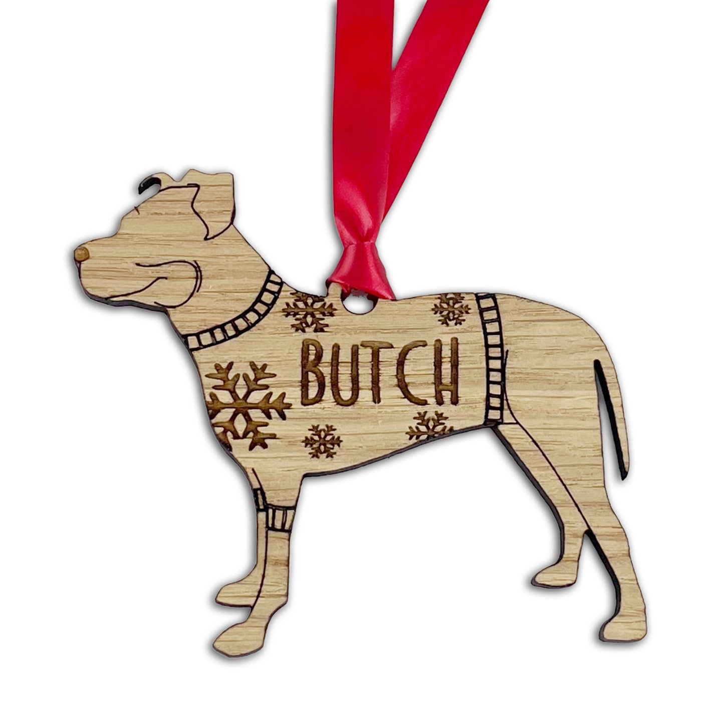 Personalised Pitbull Bauble Jumper Dog Bauble - Oak Veneer Wood - Add any name