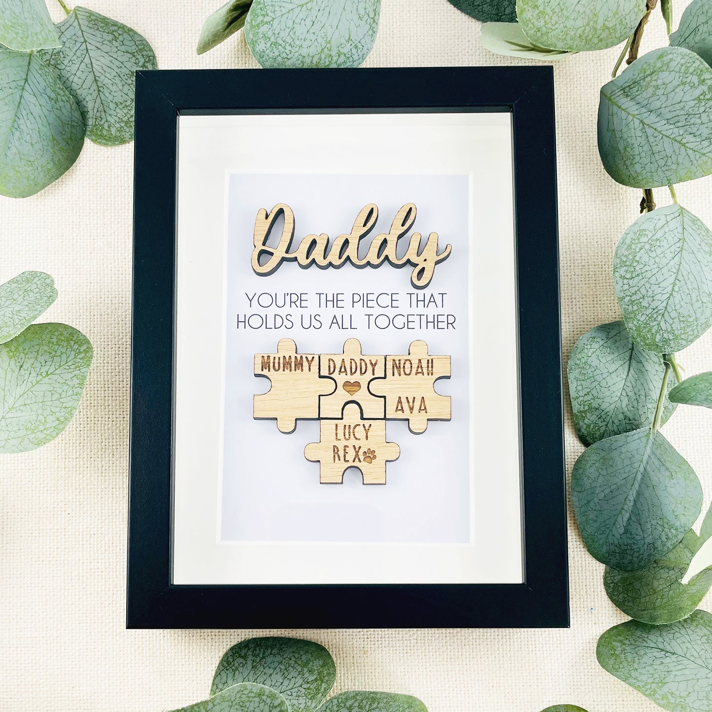 Personalised Dad Wooden 'You're the Piece That Holds Us Together' Father's Day Puzzle Pieces Family Box Frame - Add your family names