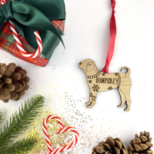 Personalised Chinese Shar-Pei Bauble Jumper Dog Bauble - Oak Veneer Wood - Add any name