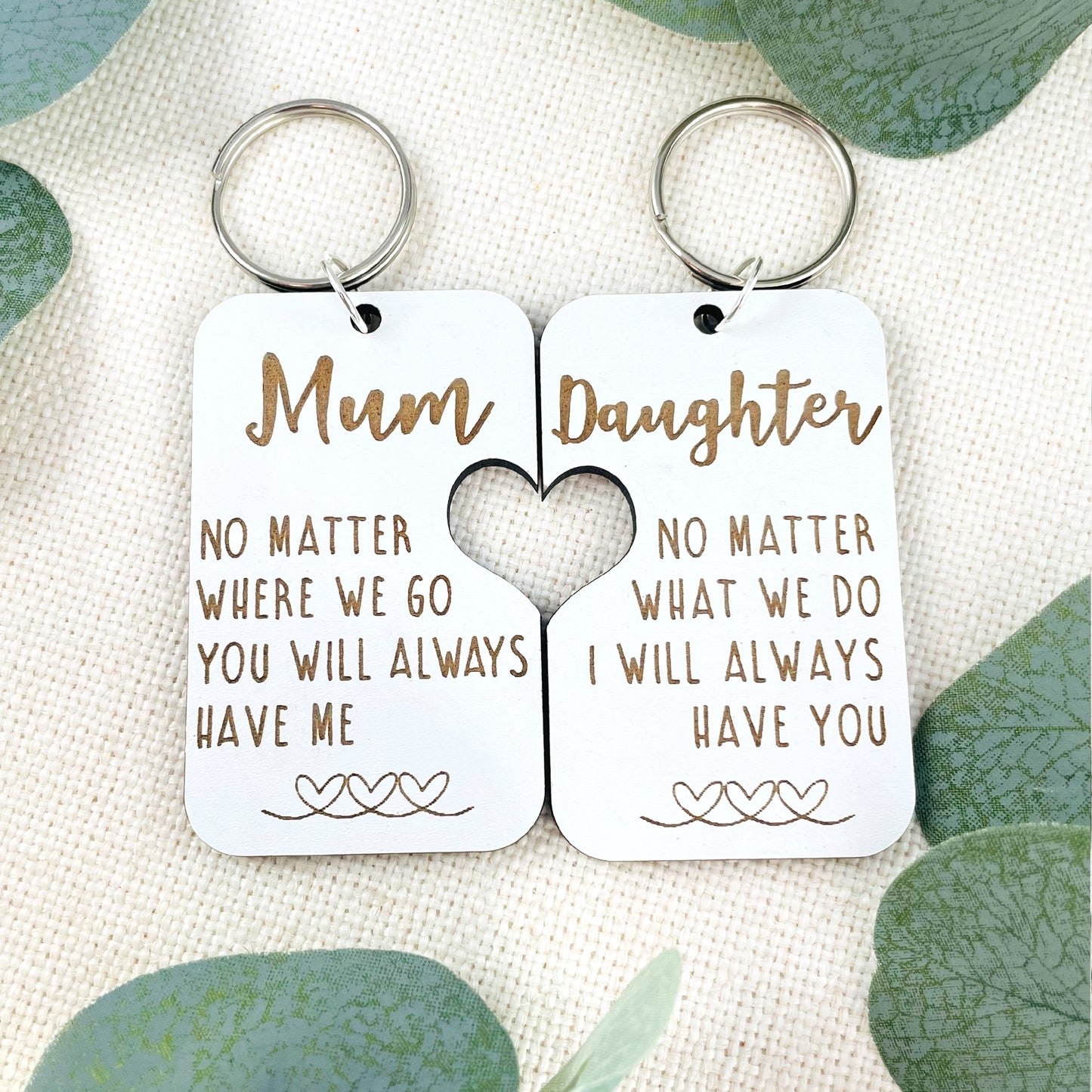 Mum & Daughter Keyring White Wood - Heart Cut Out - Mothers Day Gift