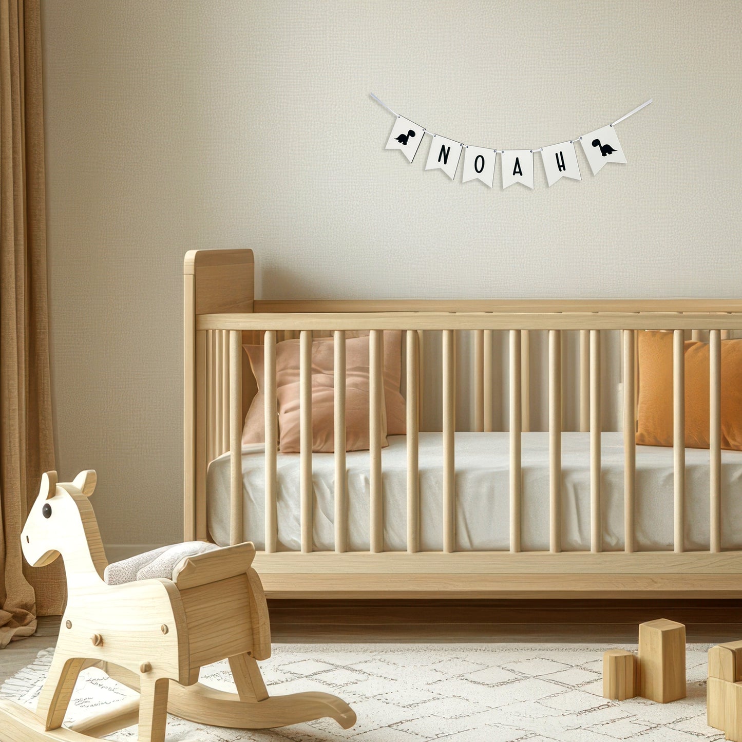 Personalised White Wood Name Bunting with Dinosaurs - Nursery or Child's Room Decor - Add any Name!