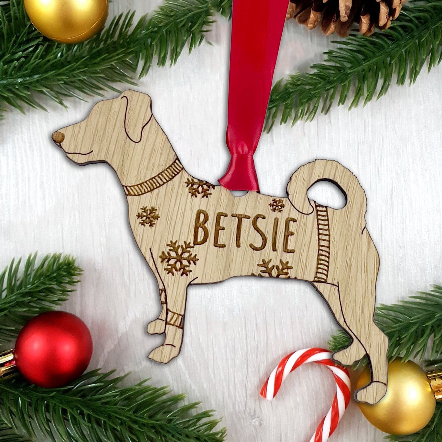 Personalised Jack Russell Bauble Jumper Dog Bauble - Oak Veneer Wood - Add any name