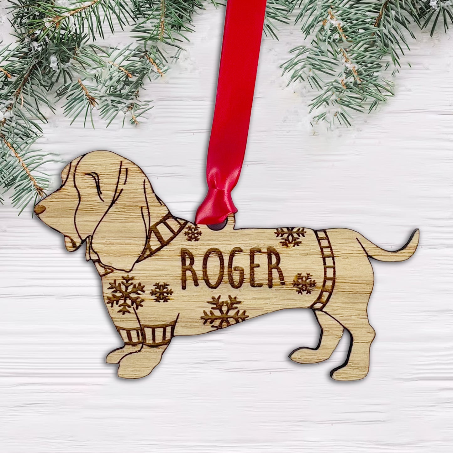 Personalised Basset Hound Bauble Jumper Dog Bauble - Oak Veneer Wood - Add any name