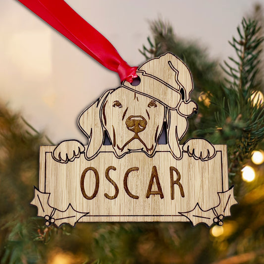 Personalised Hungarian Vizla Dog Bauble - Peeking Dog - Oak Veneer Wood - Add your own name!