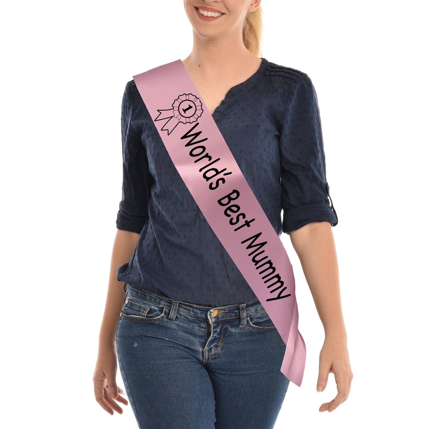 World's Best Mummy Sash with Rosette Design - Baby Pink Satin Ribbon