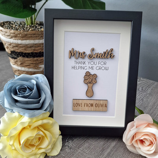 Personalised Teacher Thank You Frame, Wooden Box Frame with Custom Names, Thank You For Helping Me Grow, End of School Teacher's Day