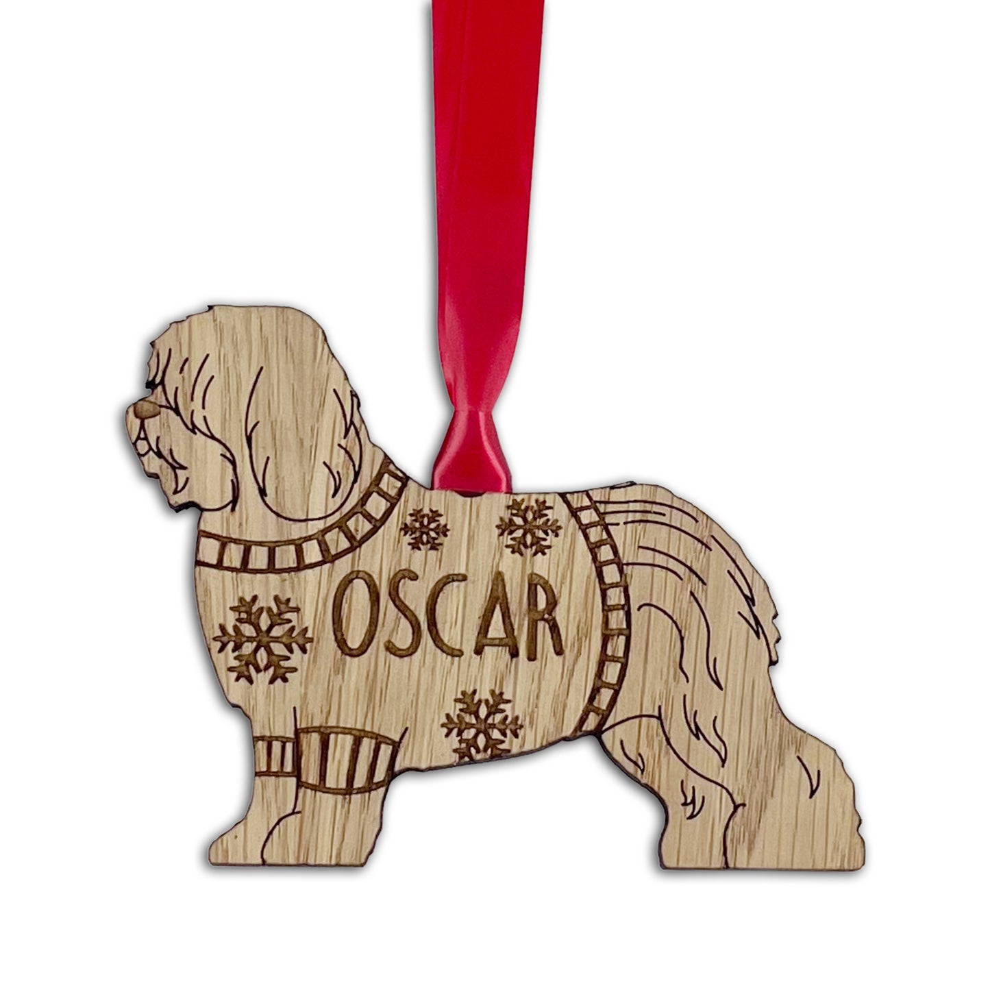 Personalised English Sheepdog Bauble Jumper Dog Bauble - Oak Veneer Wood - Add any name