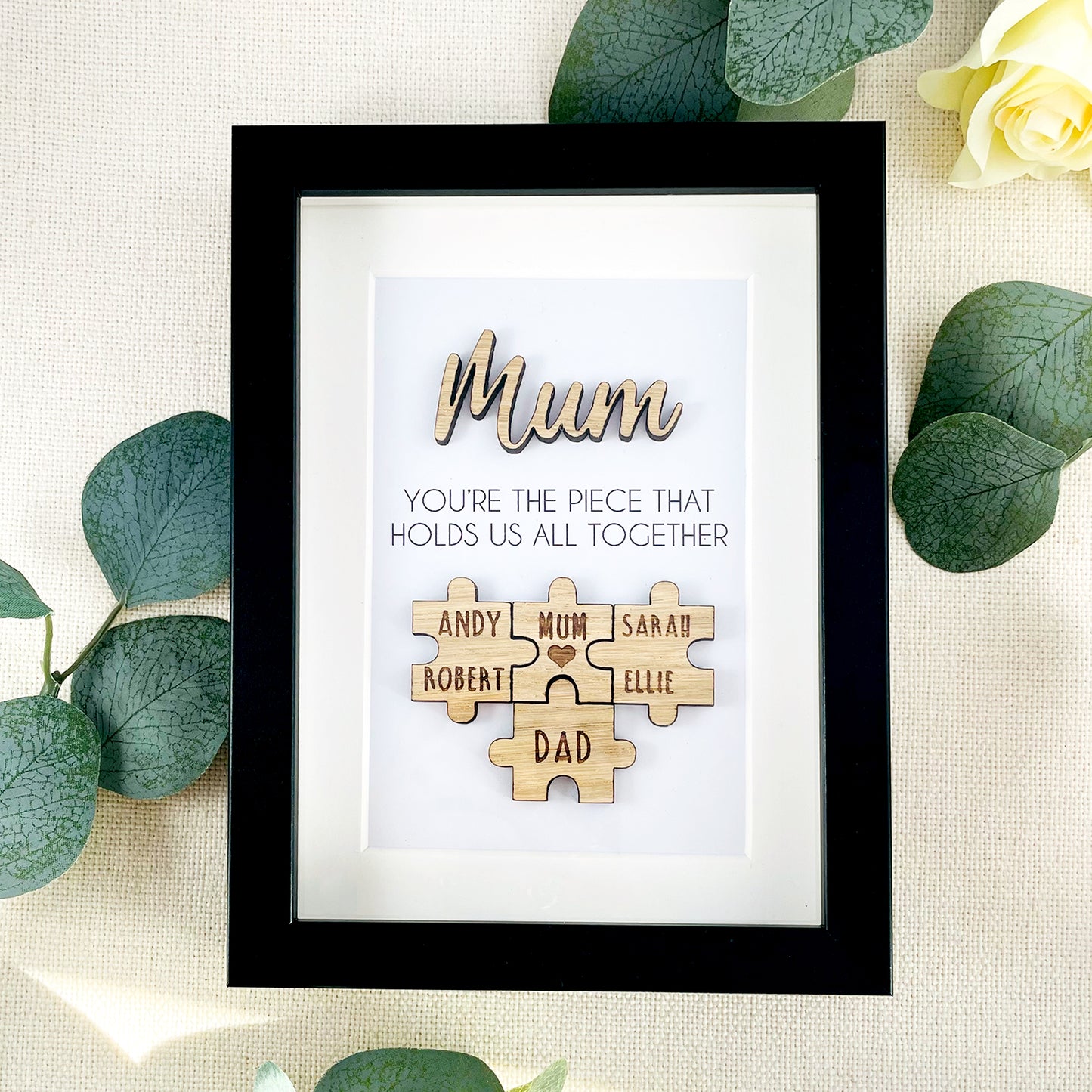 Personalised Mum Wooden 'You're the Piece That Holds Us Together' Mothers Day Puzzle Pieces Family Box Frame - Add your family names