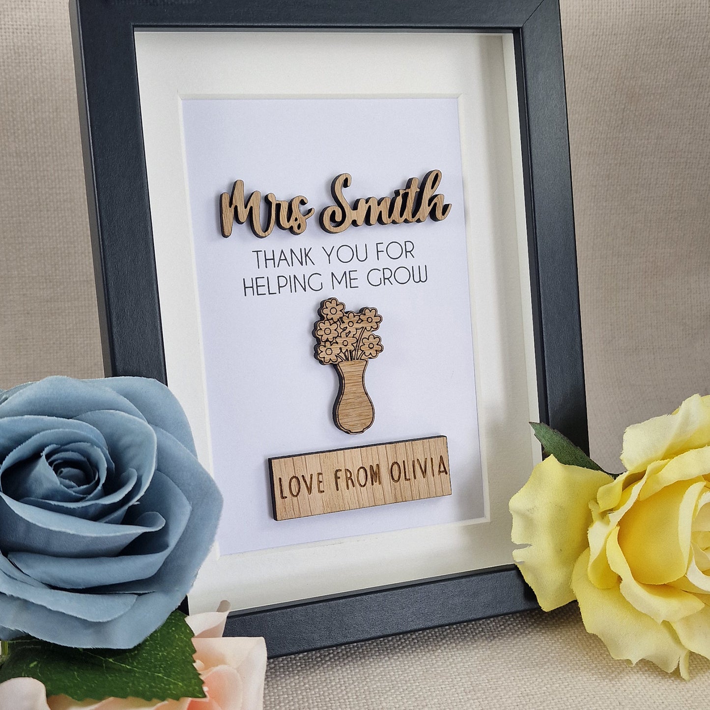 Personalised Teacher Thank You Frame, Wooden Box Frame with Custom Names, Thank You For Helping Me Grow, End of School Teacher's Day
