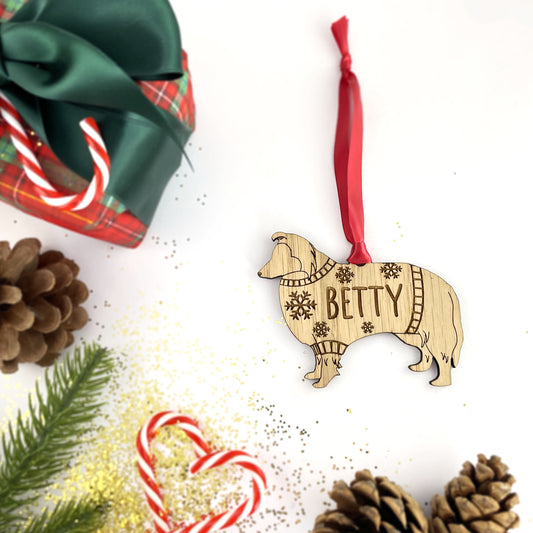 Personalised Shetland Bauble Jumper Dog Bauble - Oak Veneer Wood - Add any name