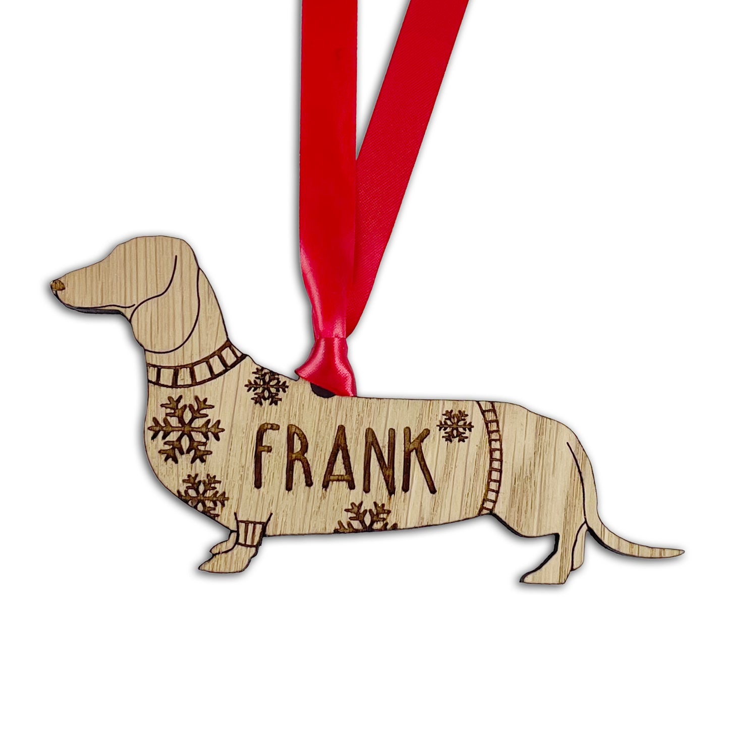 Personalised Dachshund Bauble Jumper Dog Bauble - Oak Veneer Wood - Add any name