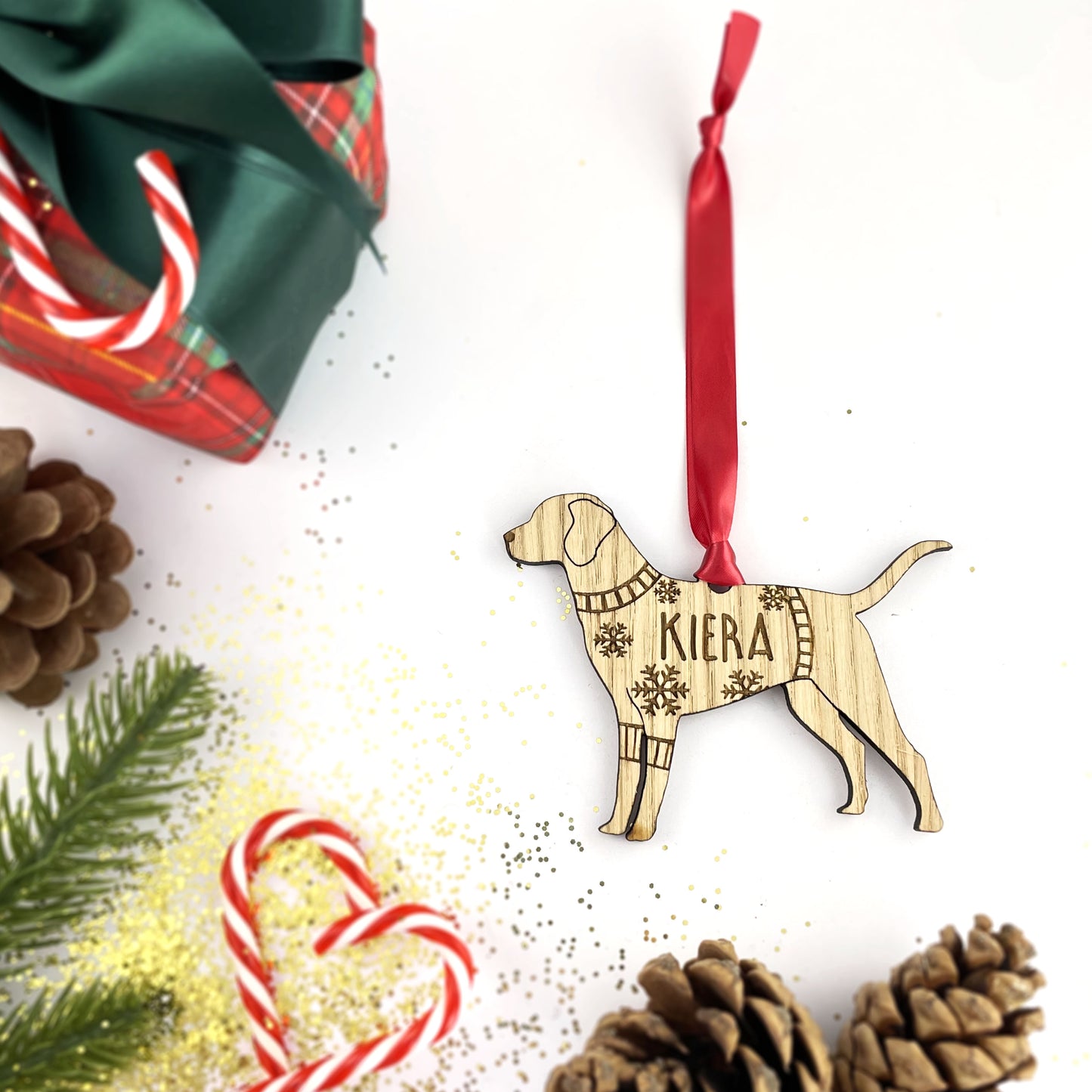 Personalised Labrador Bauble Jumper Dog Bauble - Oak Veneer Wood - Add any name