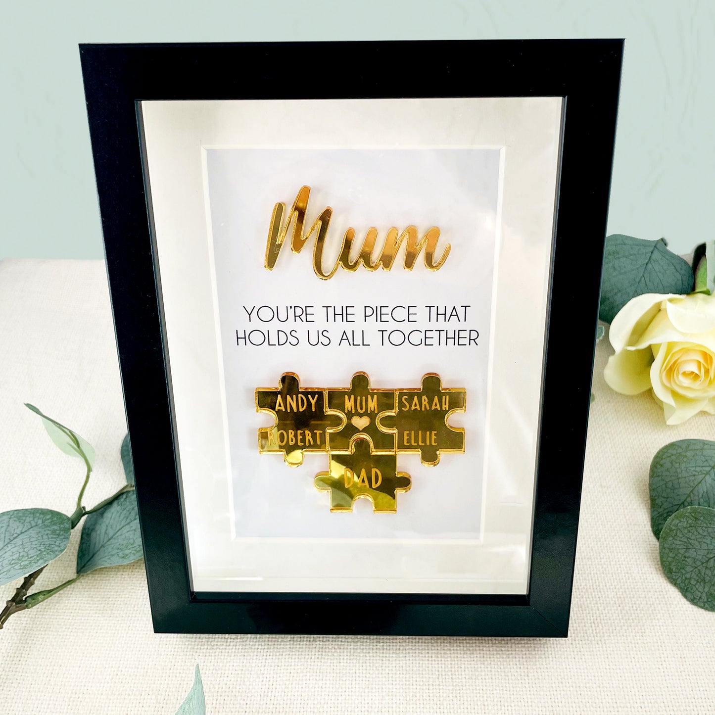 Personalised Mum Gold 'You're the Piece That Holds Us Together' Mothers Day Puzzle Pieces Family Box Frame