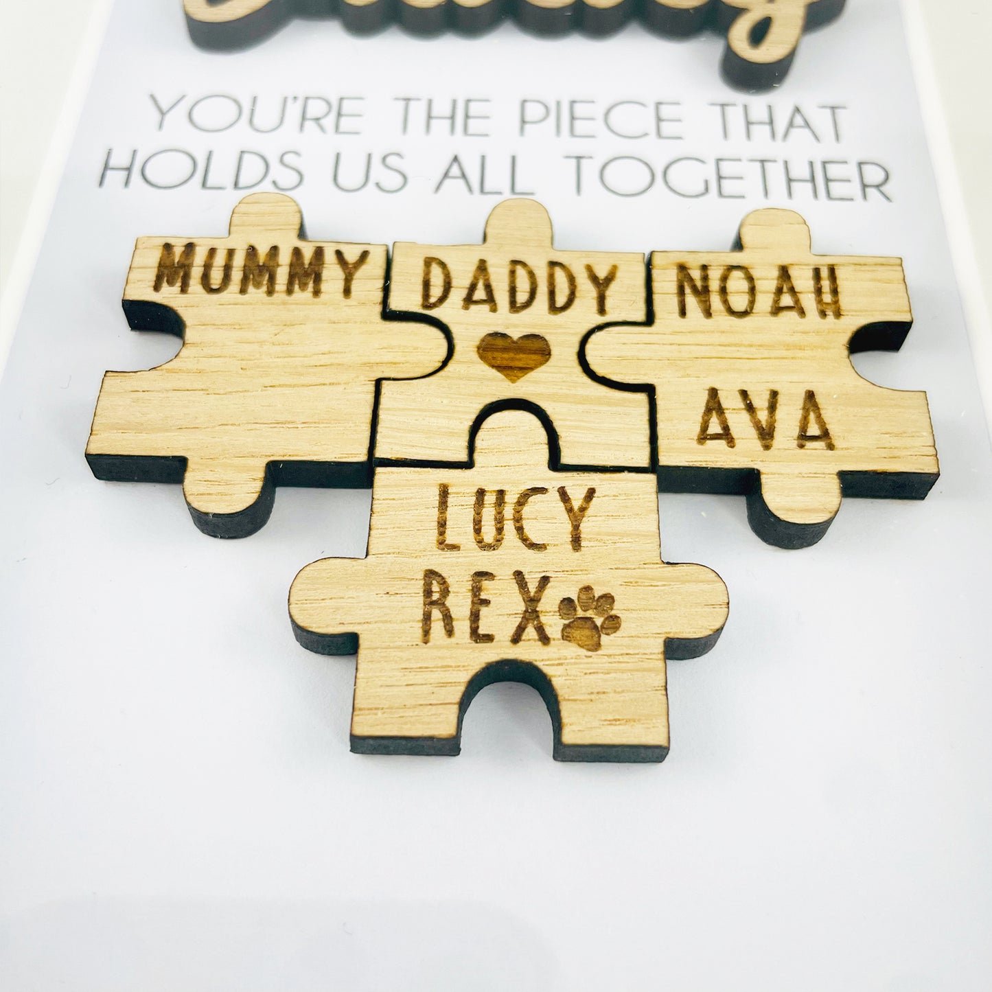 Personalised Dad Wooden 'You're the Piece That Holds Us Together' Father's Day Puzzle Pieces Family Box Frame - Add your family names