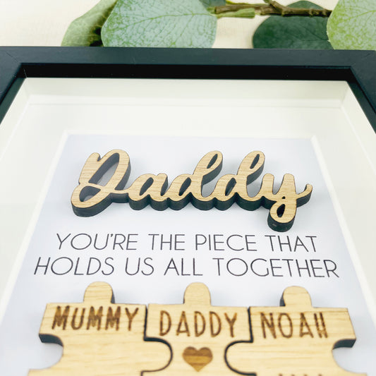 Personalised Dad Wooden 'You're the Piece That Holds Us Together' Father's Day Puzzle Pieces Family Box Frame - Add your family names