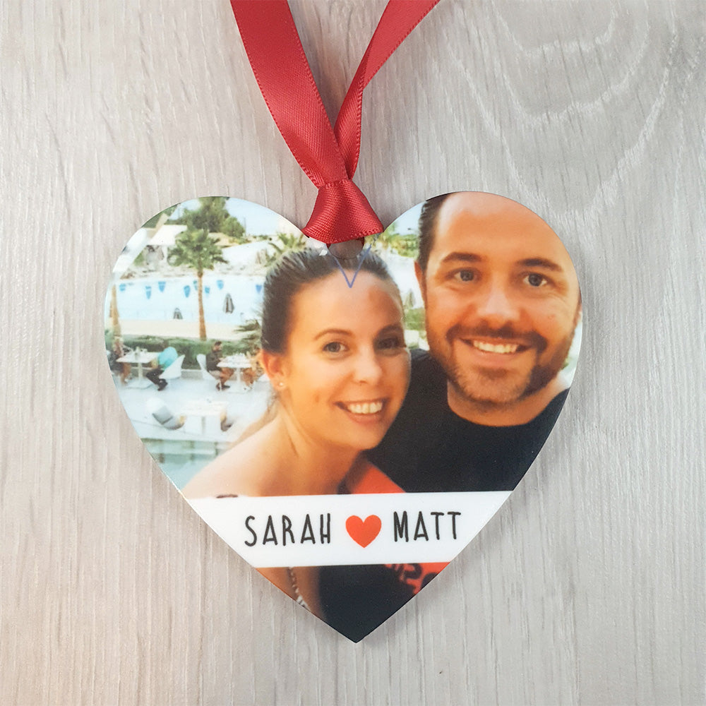 Personalised Photo Acrylic Heart Decoration: Photo + 2 Names