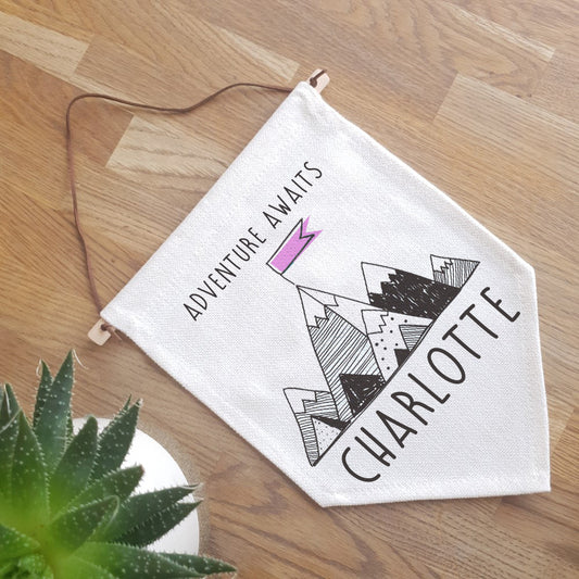 Personalised Flag - Adventure Awaits - Name (Unicorn Flakes font)