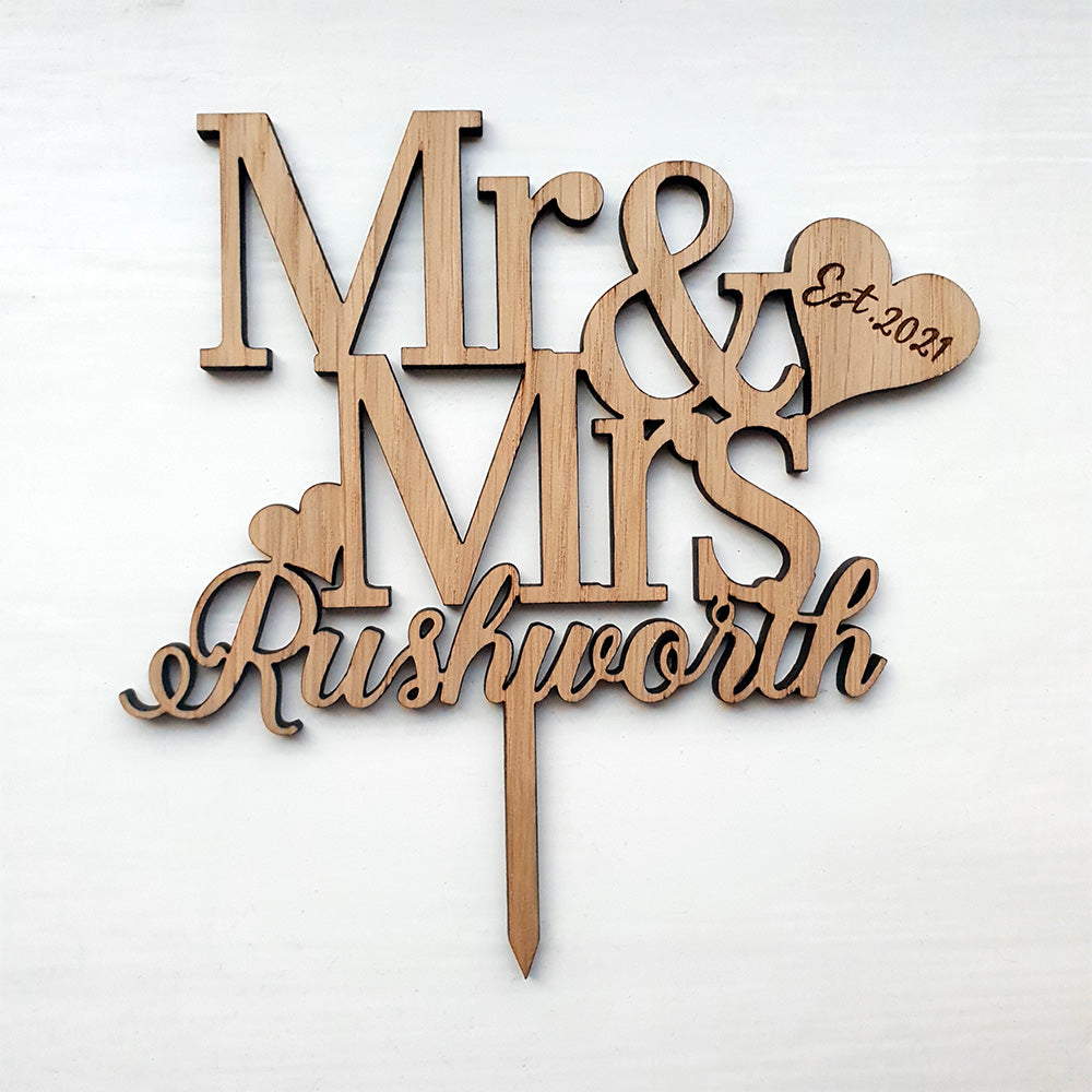 Personalised Mr & Mrs Surname - Wooden Cake Topper