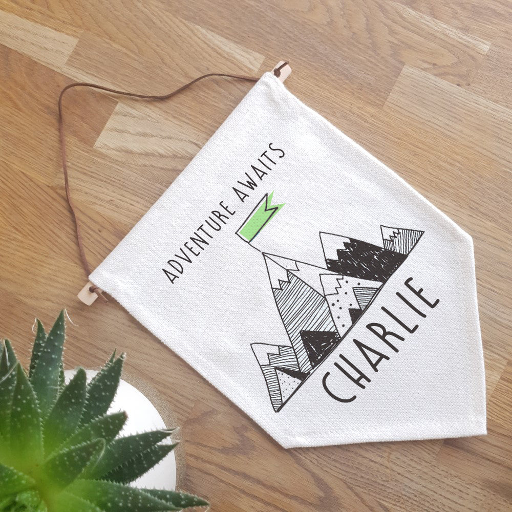Personalised Flag - Adventure Awaits - Name (Unicorn Flakes font)