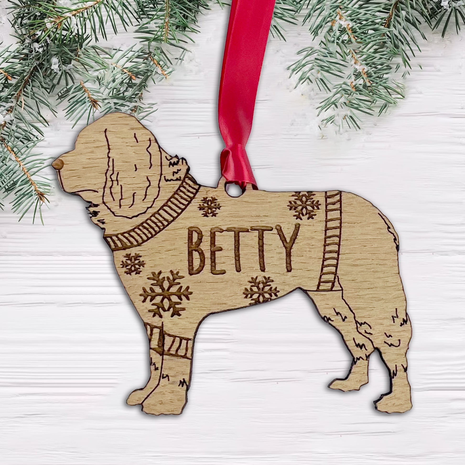 Personalised Newfoundland Bauble Jumper Dog Bauble - Oak Veneer Wood - Add any name