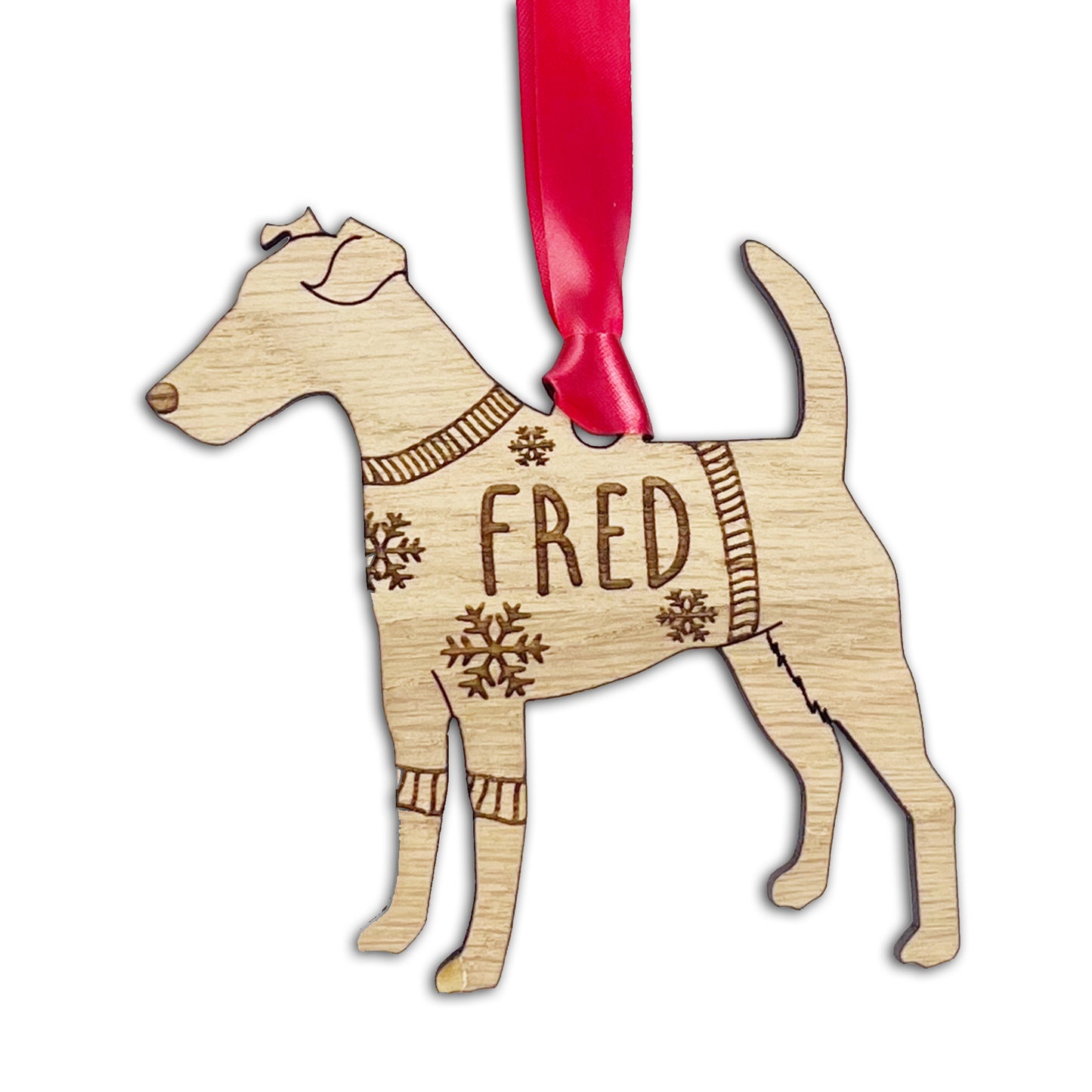 Personalised Fox Terrier Bauble Jumper Dog Bauble - Oak Veneer Wood - Add any name