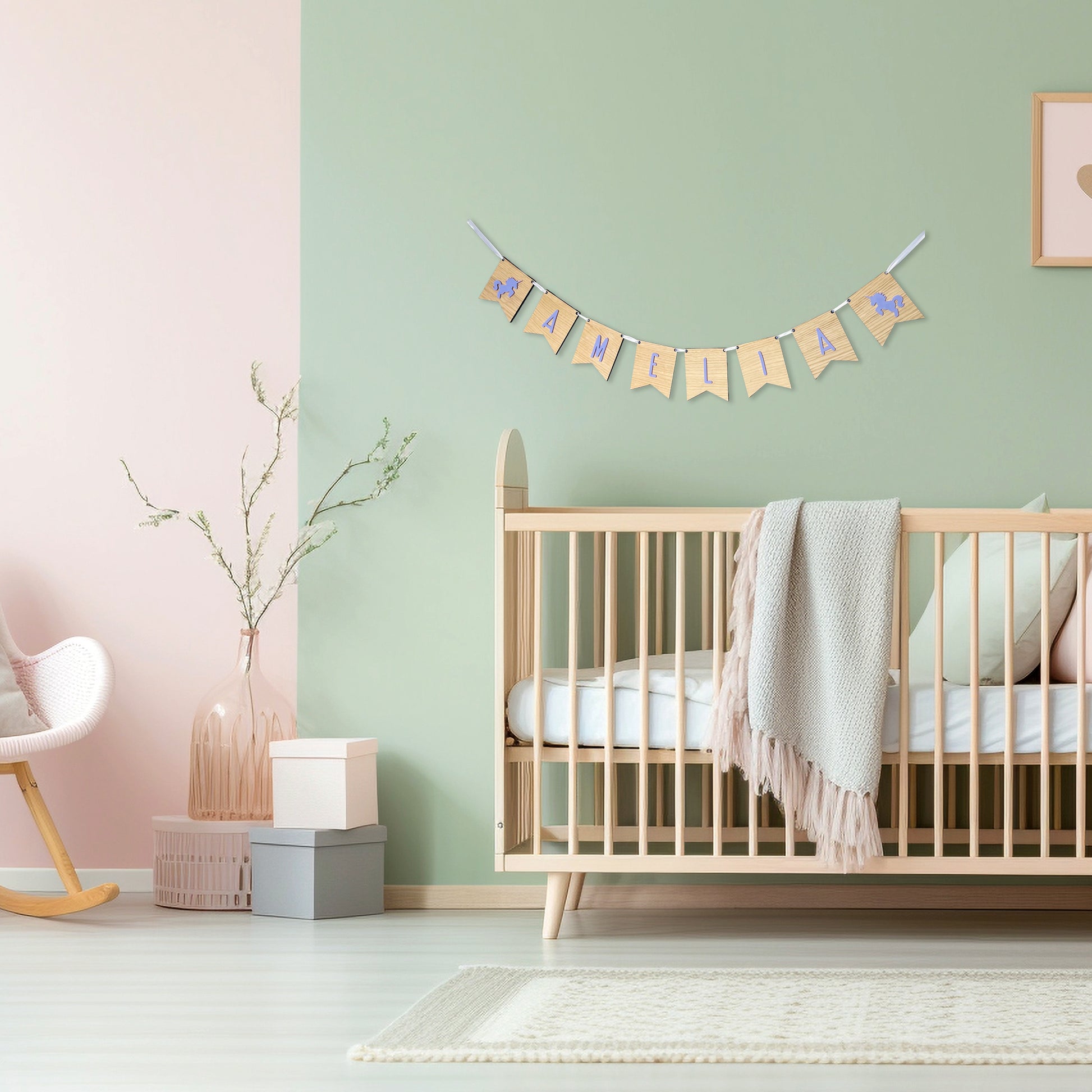 Personalised Oak Wood Name Bunting with Unicorns - Nursery or Child's Room Decor - Add any Name!