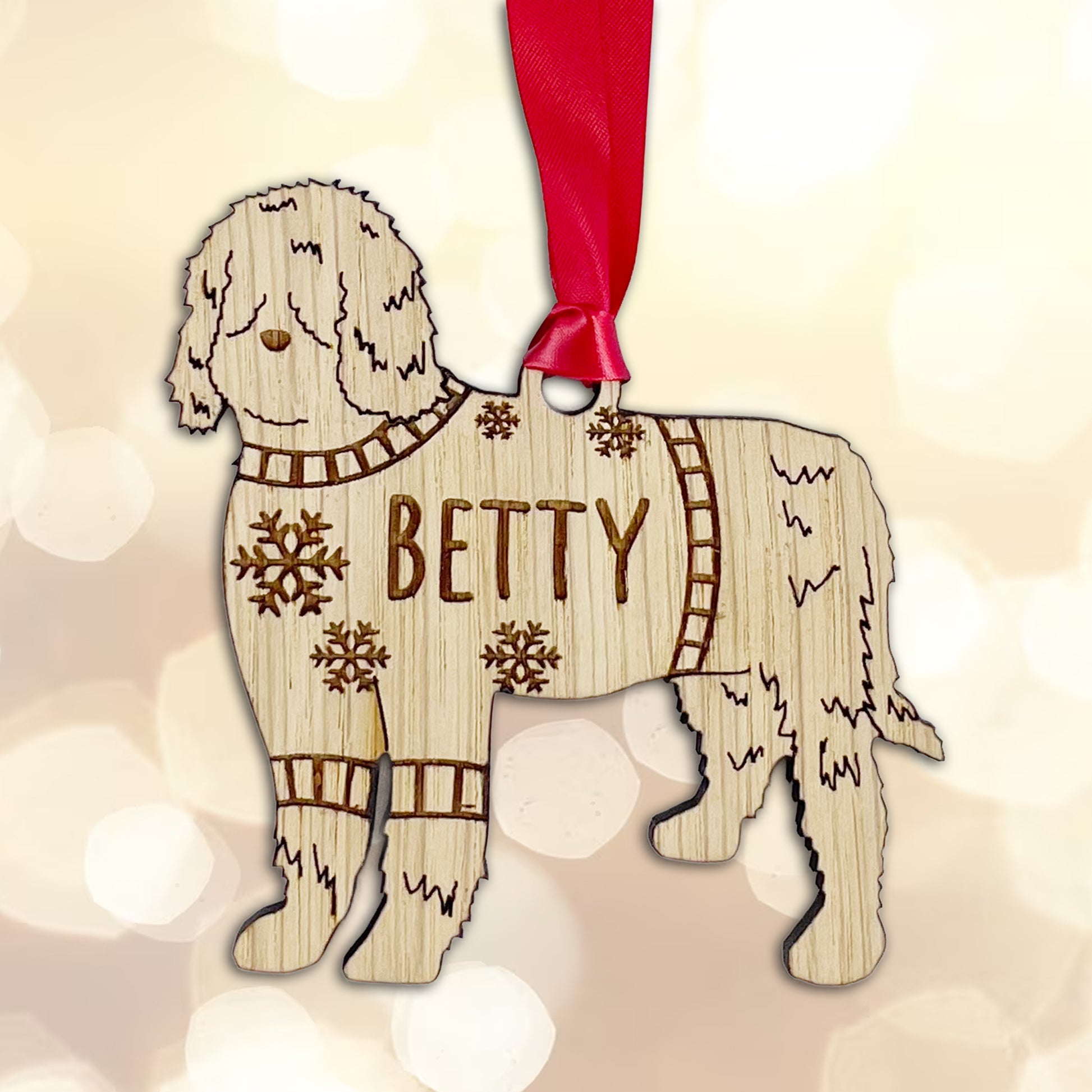 Personalised Berbet Bauble Jumper Dog Bauble - Oak Veneer Wood - Add any name
