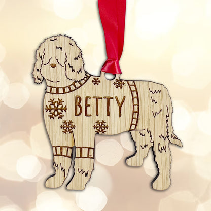 Personalised Berbet Bauble Jumper Dog Bauble - Oak Veneer Wood - Add any name