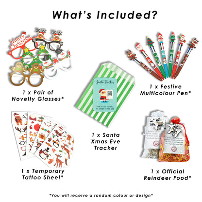 Christmas Eve Activity Pack - Reindeer Food, Santa Tracker, Pen, Tattoos, Glasses Xmas for Kids