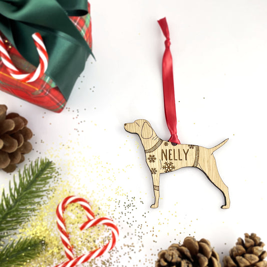 Personalised Hungarian Vizsla Bauble Jumper Dog Bauble - Oak Veneer Wood - Add any name