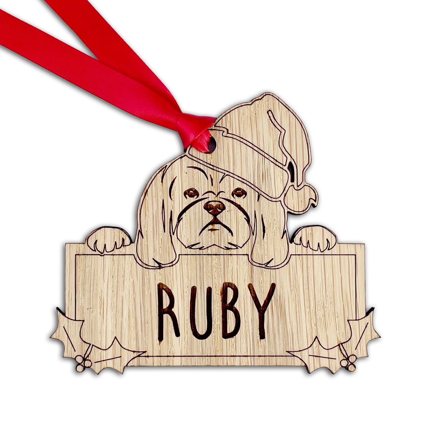 Personalised Shih Tzu Dog Bauble - Peeking Dog - Oak Veneer Wood - Add your own name!