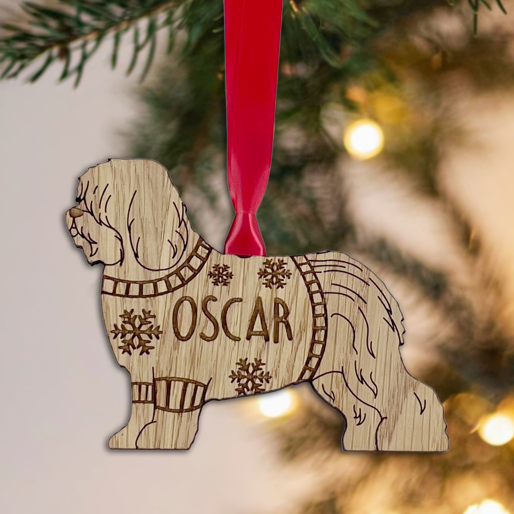 Personalised English Sheepdog Bauble Jumper Dog Bauble - Oak Veneer Wood - Add any name