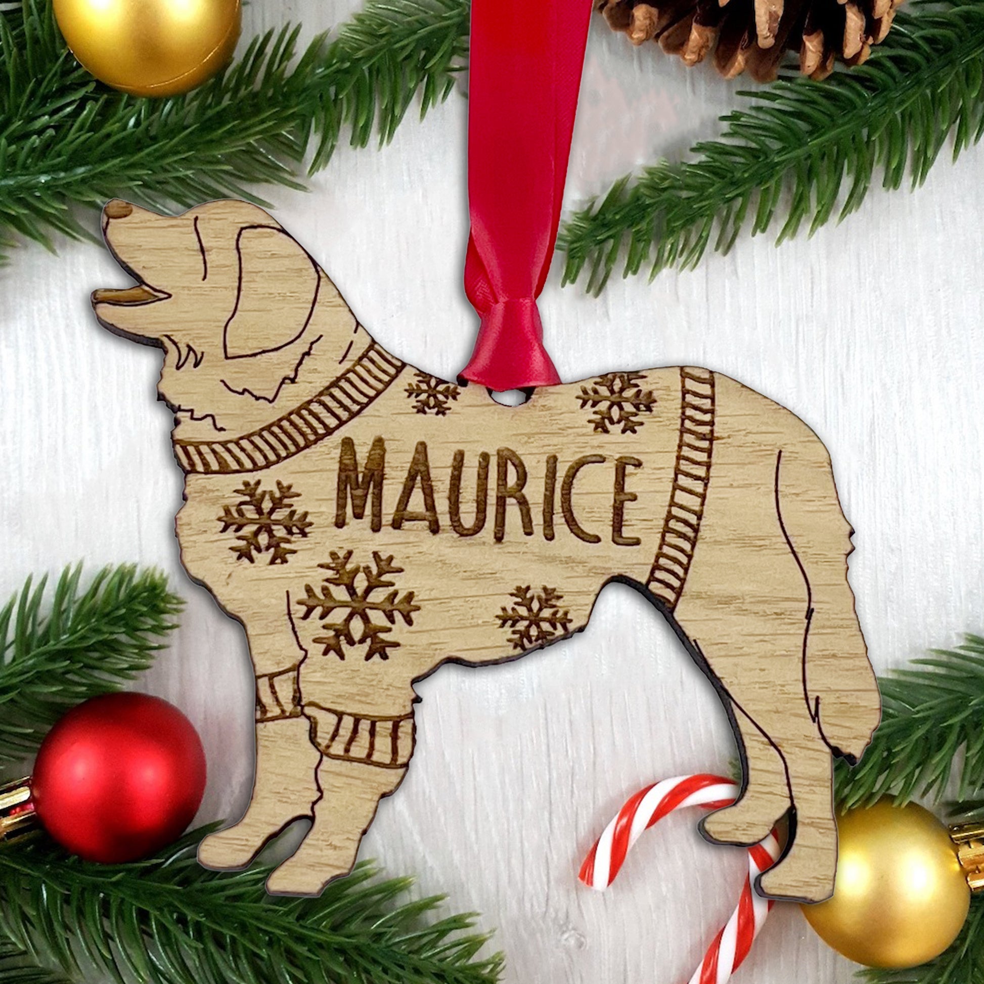 Personalised Leonberger Bauble Jumper Dog Bauble - Oak Veneer Wood - Add any name