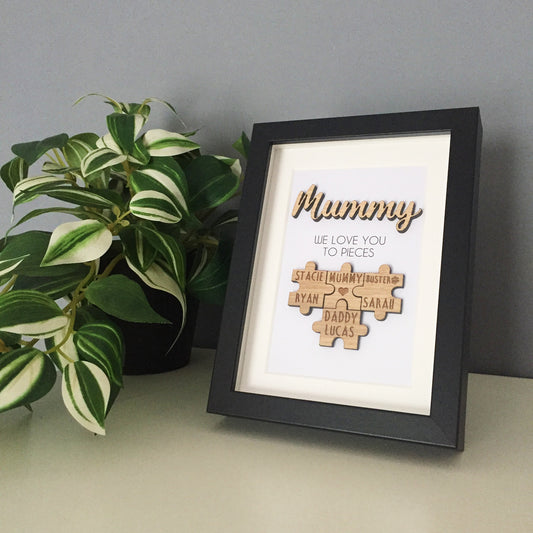 Personalised Mum / Mummy 'We Love You To Pieces' Wooden Mothers Day Christmas Birthday Puzzle Pieces Family Box Frame Add your family names