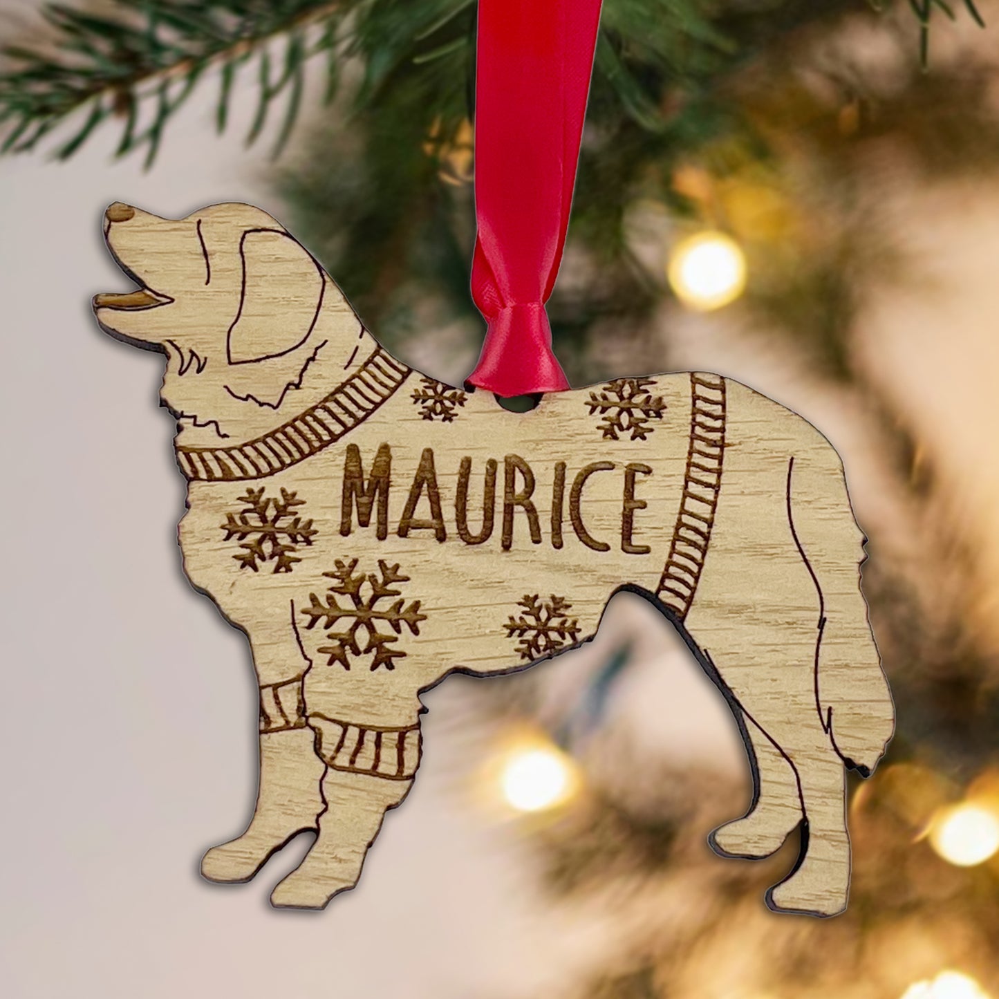 Personalised Leonberger Bauble Jumper Dog Bauble - Oak Veneer Wood - Add any name