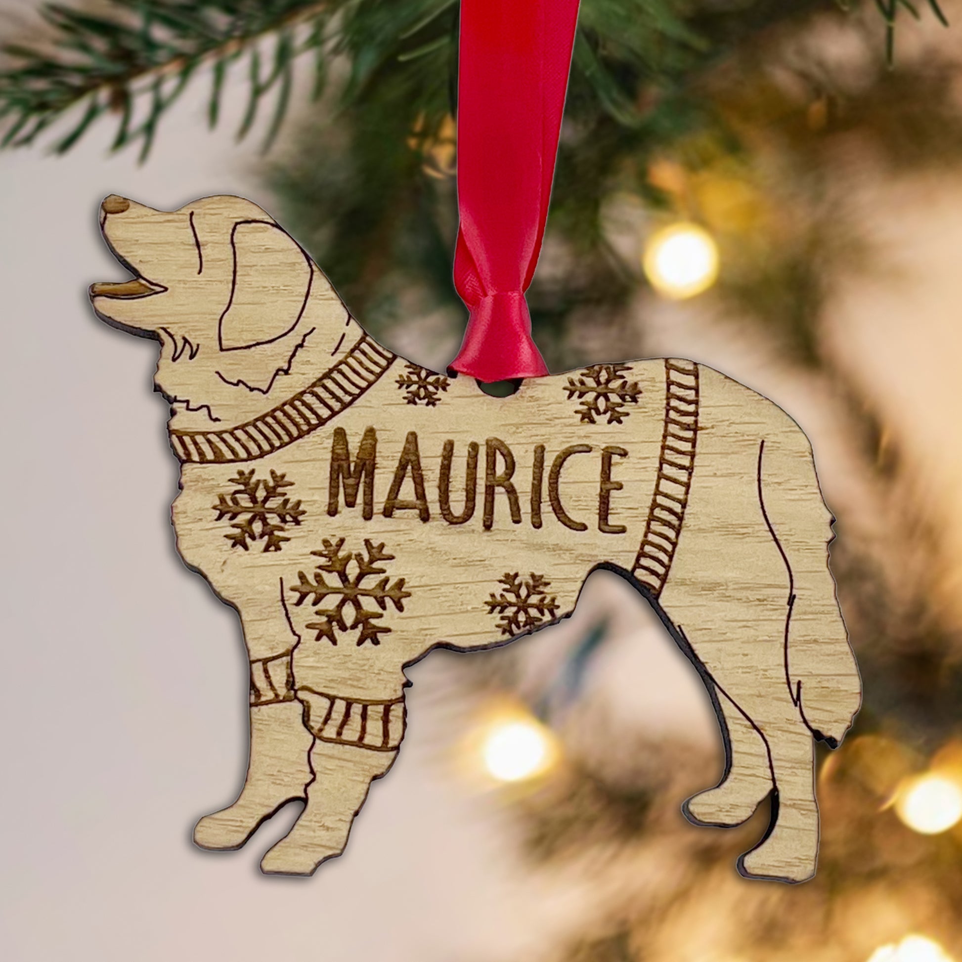 Personalised Leonberger Bauble Jumper Dog Bauble - Oak Veneer Wood - Add any name