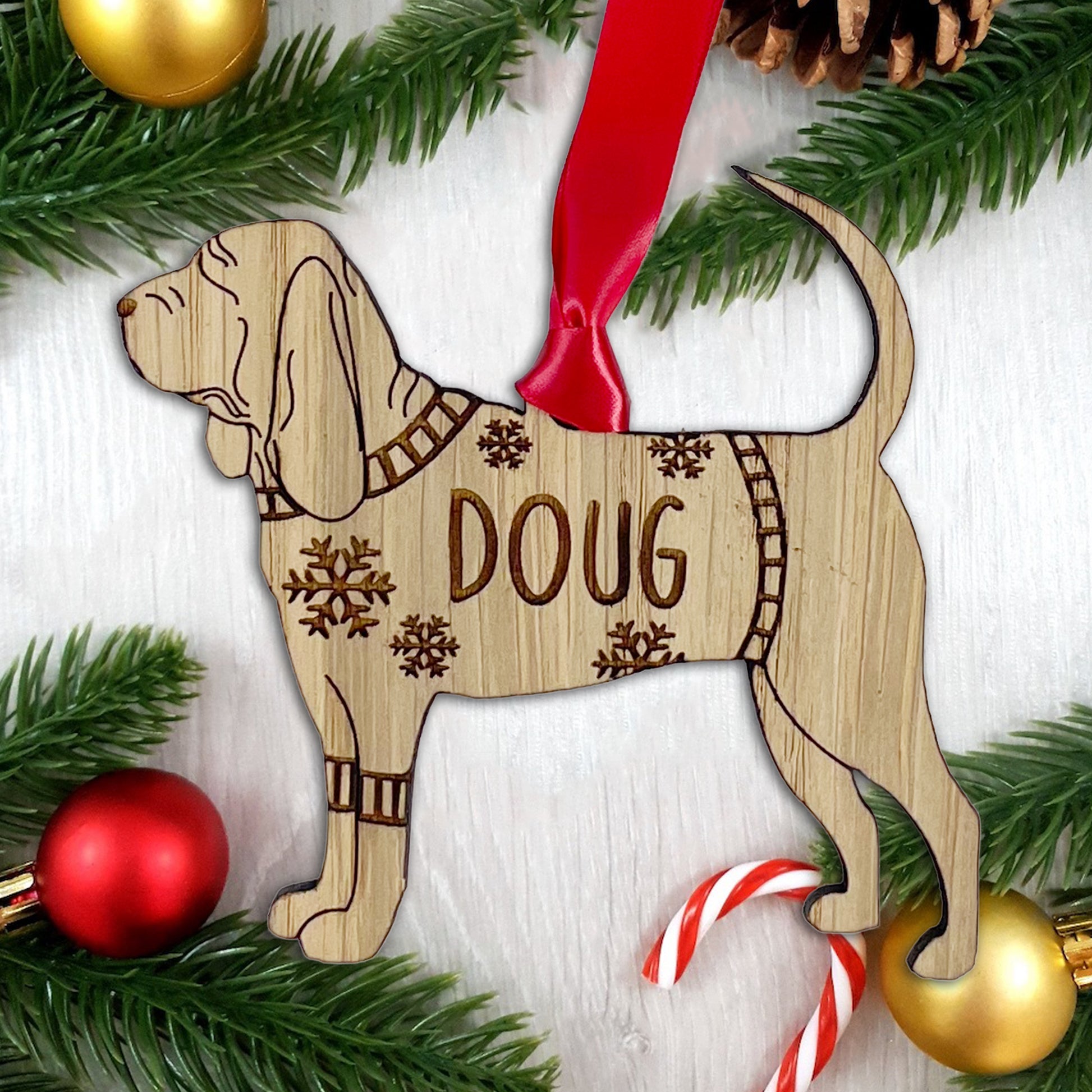 Personalised Blood Hound Bauble Jumper Dog Bauble - Oak Veneer Wood - Add any name