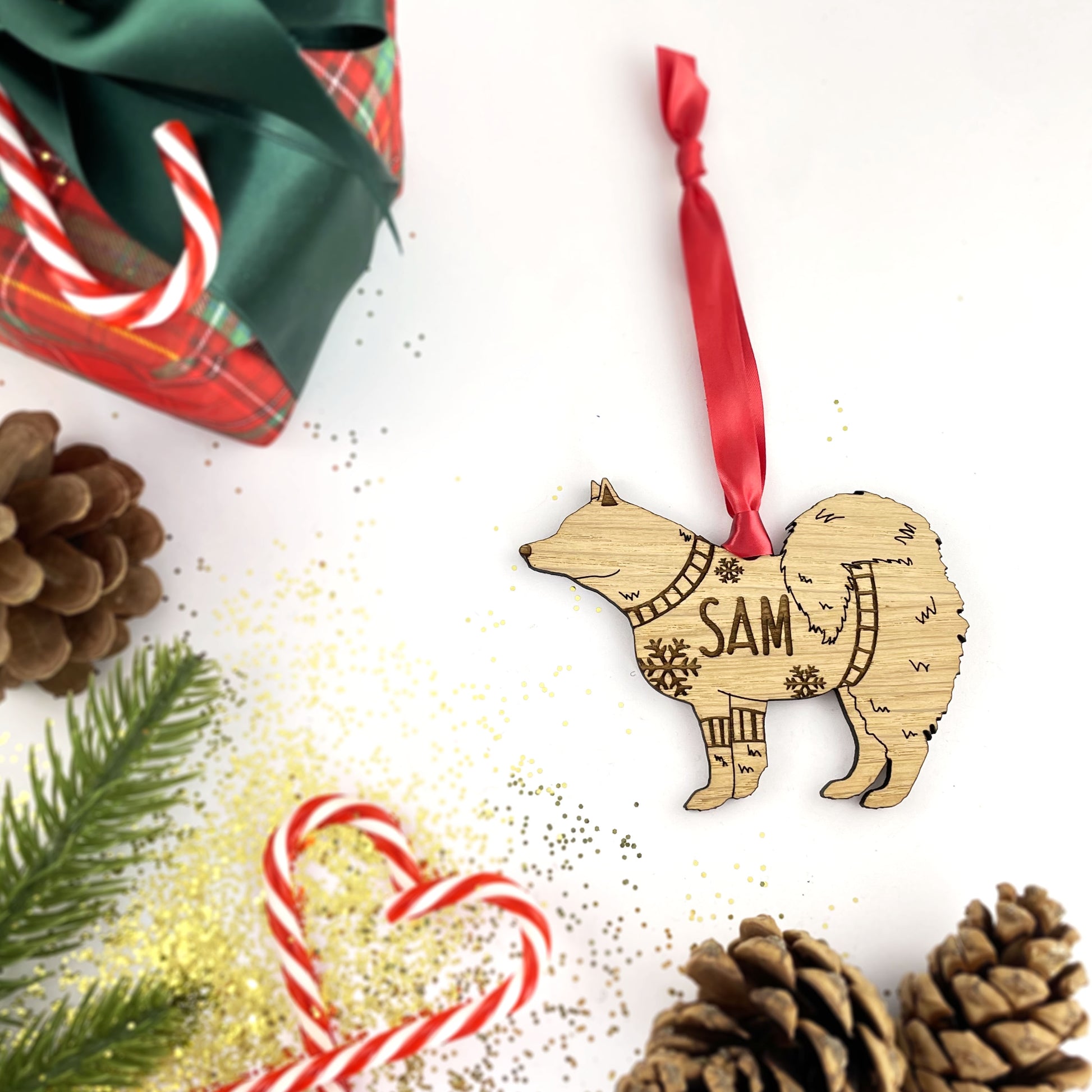 Personalised Samoyed  Bauble Jumper Dog Bauble - Oak Veneer Wood - Add any name
