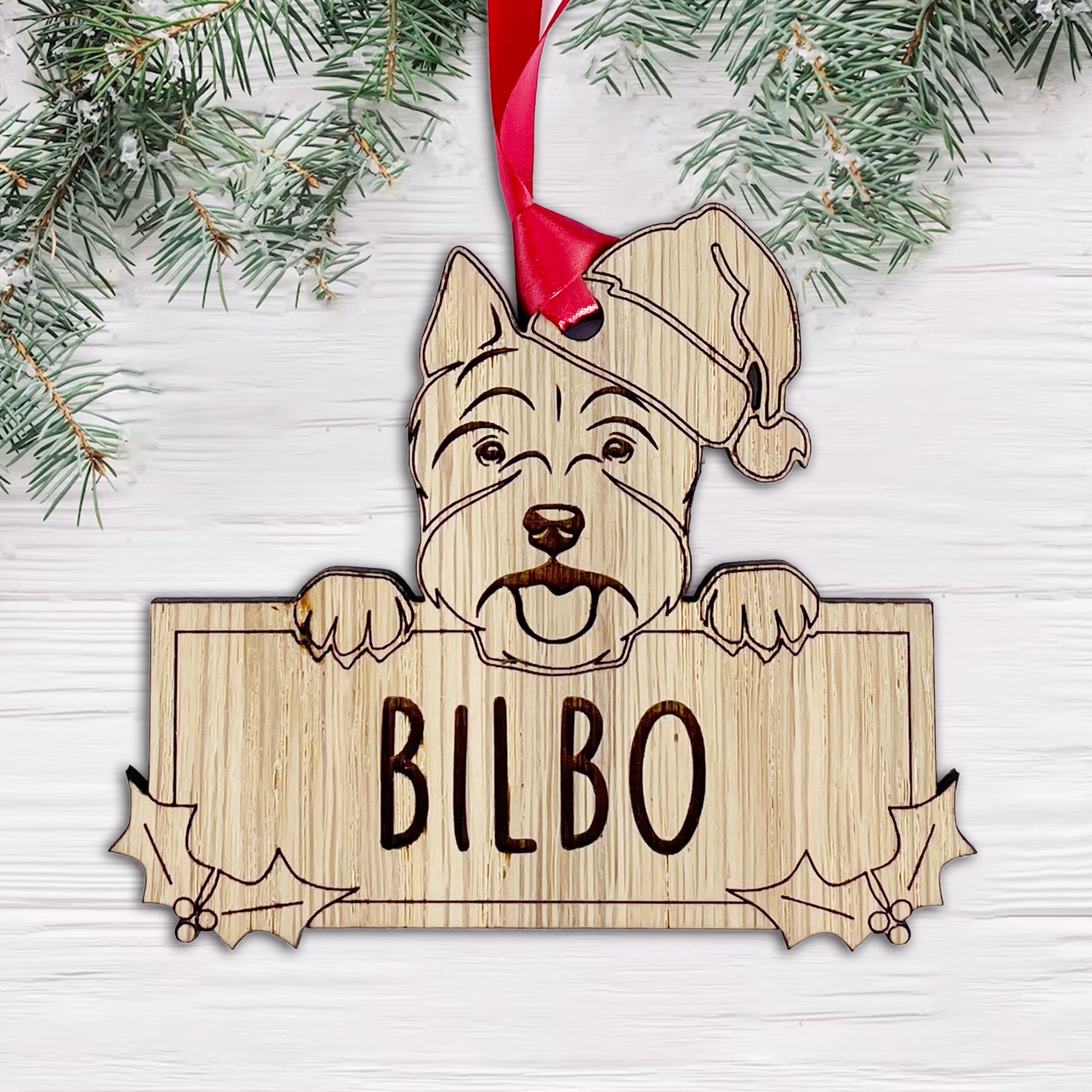 Personalised Westie Dog Bauble - Peeking Dog - Oak Veneer Wood - Add your own name!