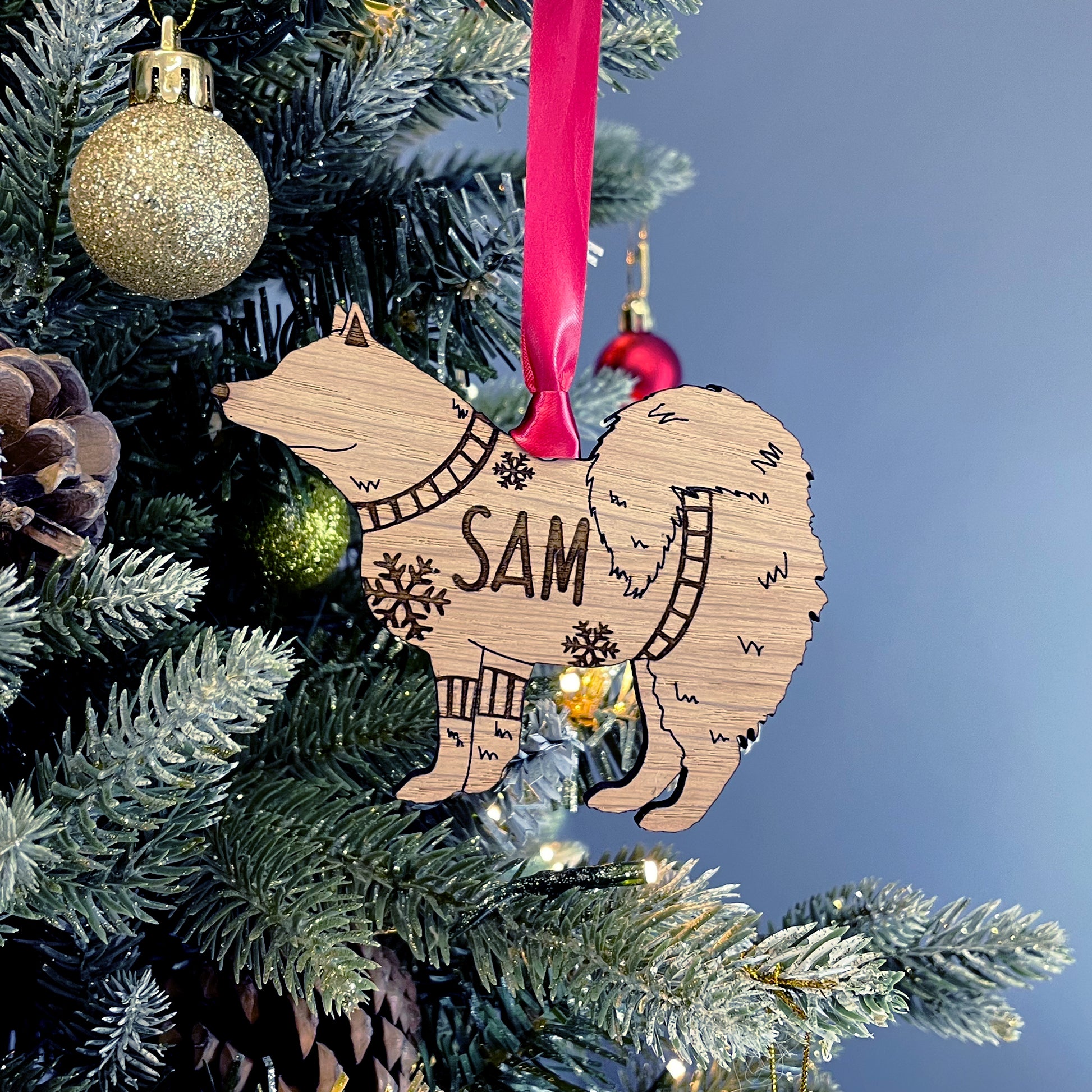 Personalised Samoyed  Bauble Jumper Dog Bauble - Oak Veneer Wood - Add any name