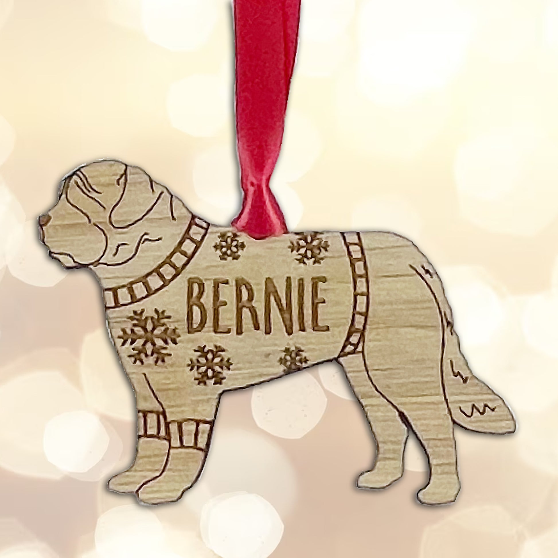 Personalised St Bernard Bauble Jumper Dog Bauble - Oak Veneer Wood - Add any name