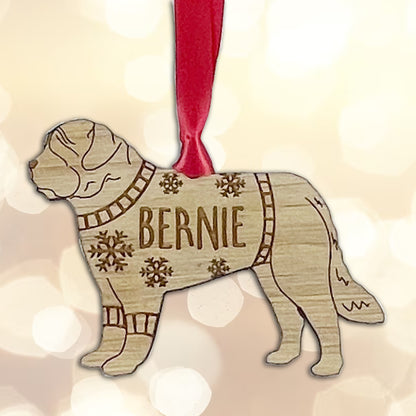 Personalised St Bernard Bauble Jumper Dog Bauble - Oak Veneer Wood - Add any name