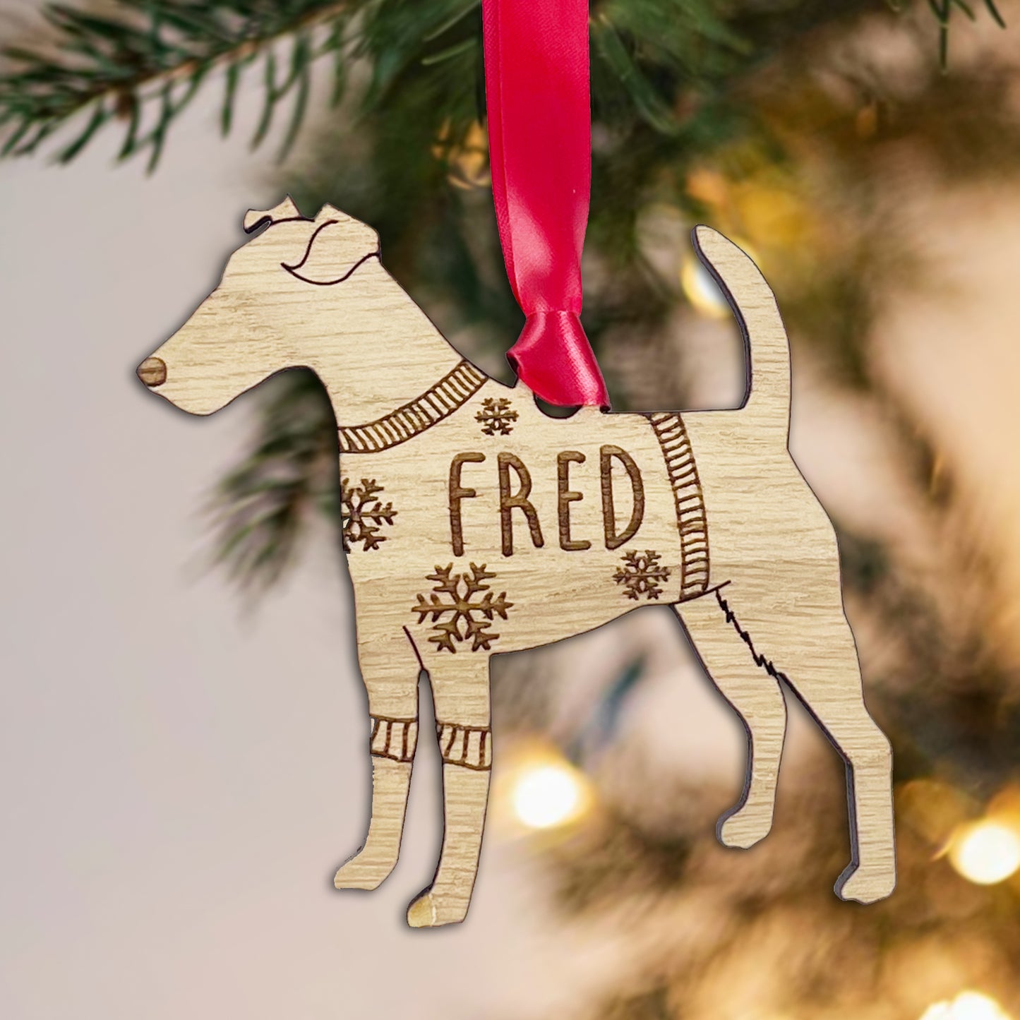 Personalised Fox Terrier Bauble Jumper Dog Bauble - Oak Veneer Wood - Add any name