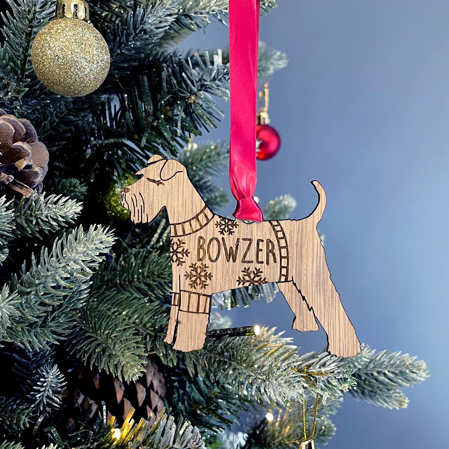 Personalised Schnauzer Bauble Jumper Dog Bauble - Oak Veneer Wood - Add any name
