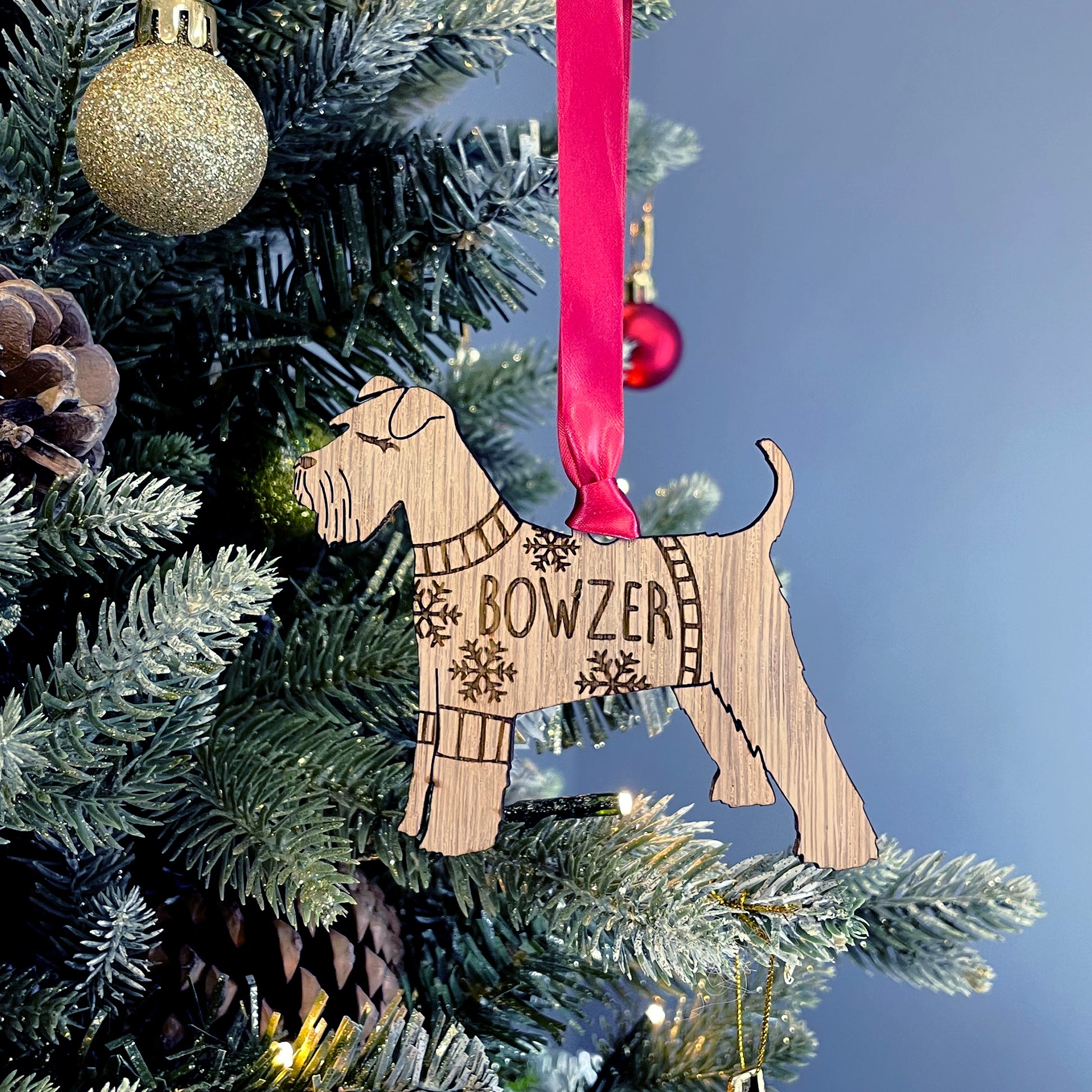 Personalised Schnauzer Bauble Jumper Dog Bauble - Oak Veneer Wood - Add any name
