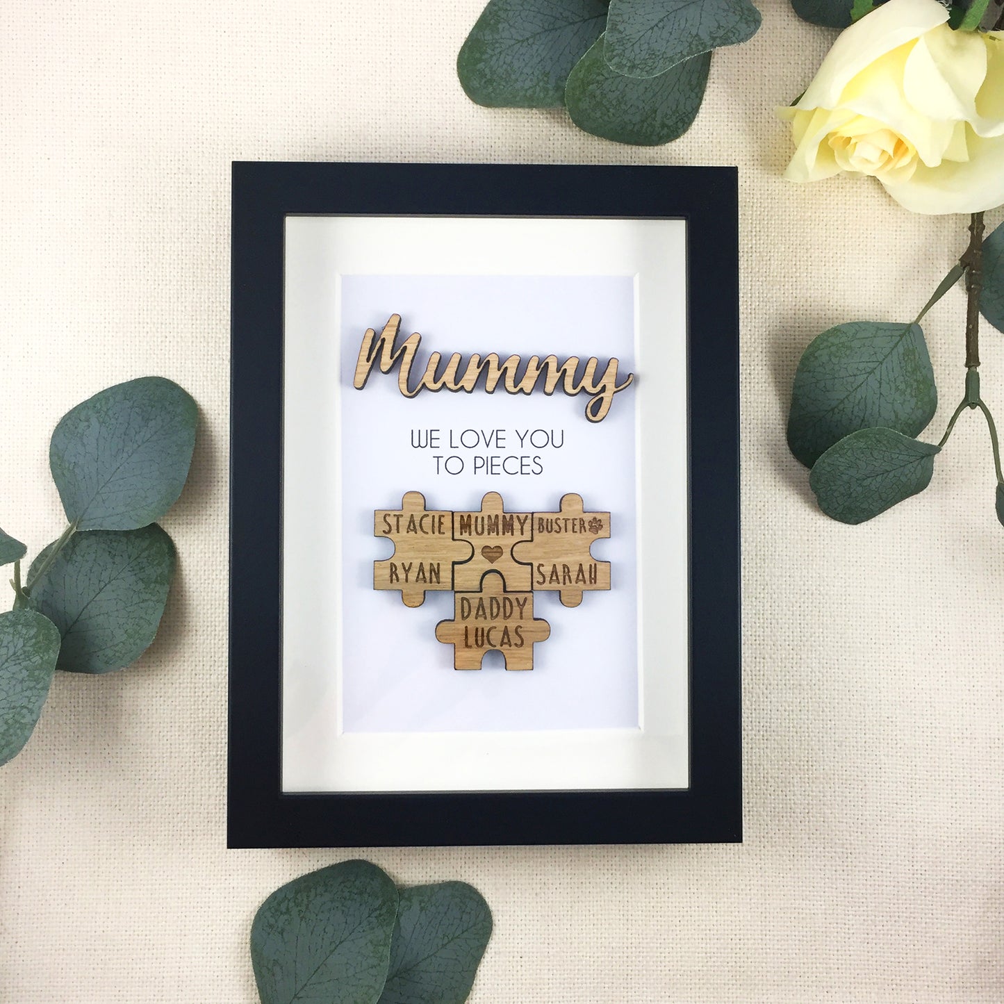 Personalised Mum / Mummy 'We Love You To Pieces' Wooden Mothers Day Christmas Birthday Puzzle Pieces Family Box Frame Add your family names