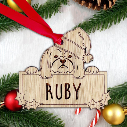 Personalised Shih Tzu Dog Bauble - Peeking Dog - Oak Veneer Wood - Add your own name!
